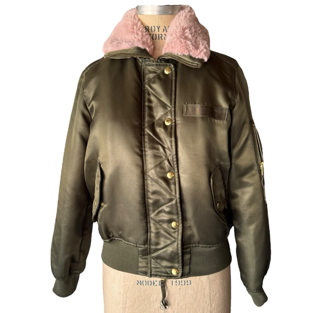 GAP Green and Pink Fur Bomber Jacket - Picture 1 of 7